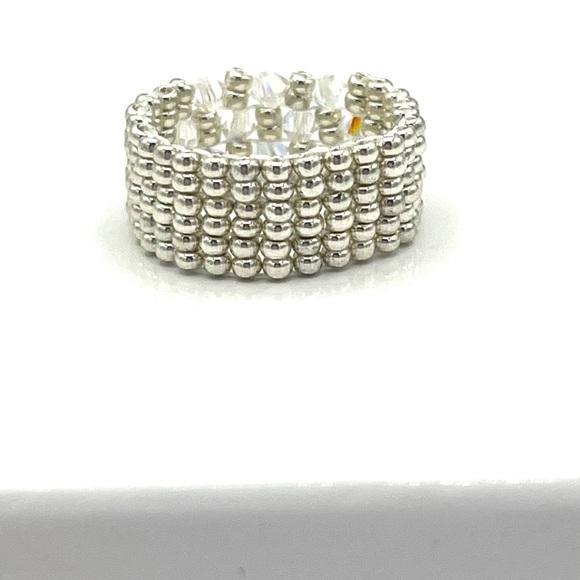 HAND CRAFTED Custom Beaded Ring Silver with Clear Crystal - Picture 4 of 4